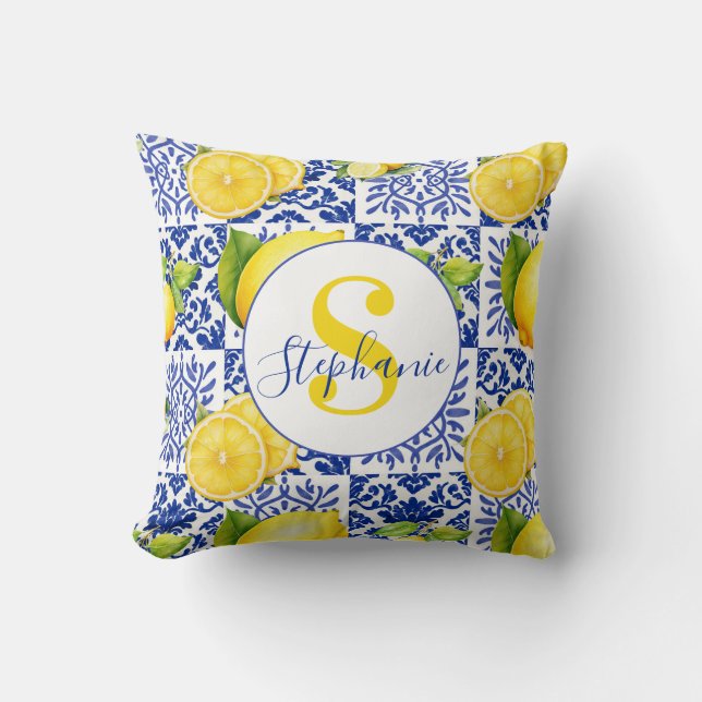 Almofada Blue White Lemon Tile Pattern Citrus Monogram Name (Frente)