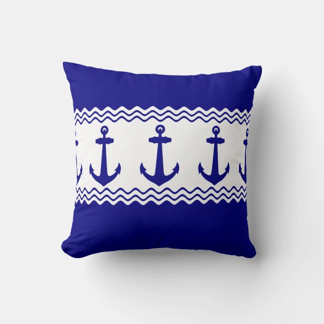 Almofada Blue White Nautical Anchor Coastal Stripes (Frente)
