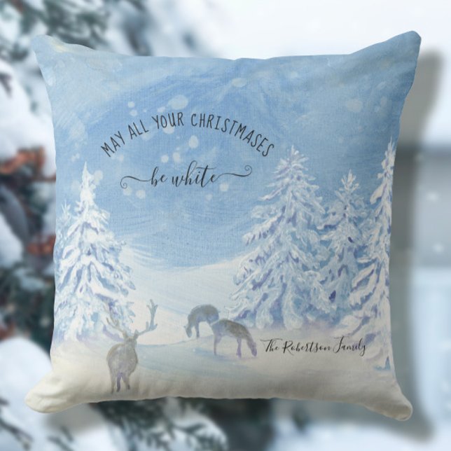 Almofada Blue Winter Snow Christmas ser White Family Name (Criador carregado)