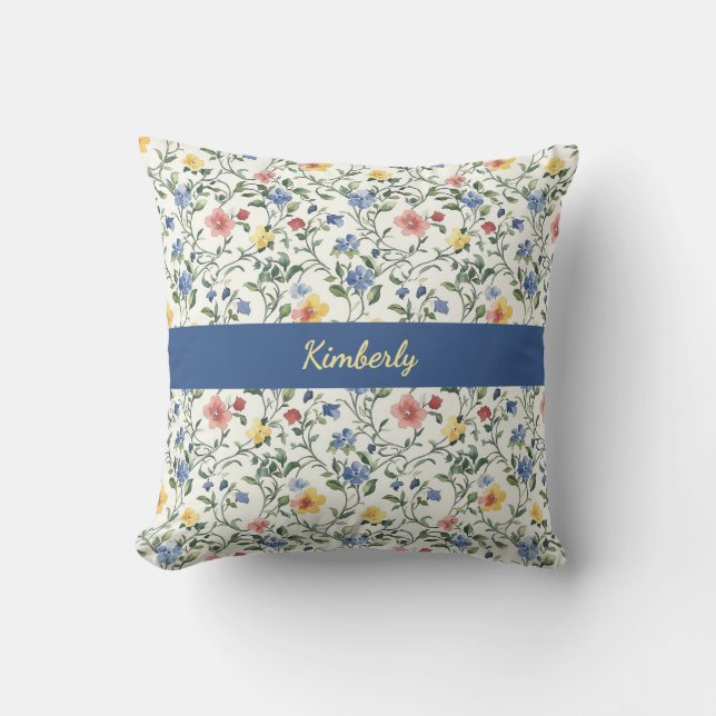 Almofada Blue Yellow Watercolor Wildflower Monogram Name (Frente)