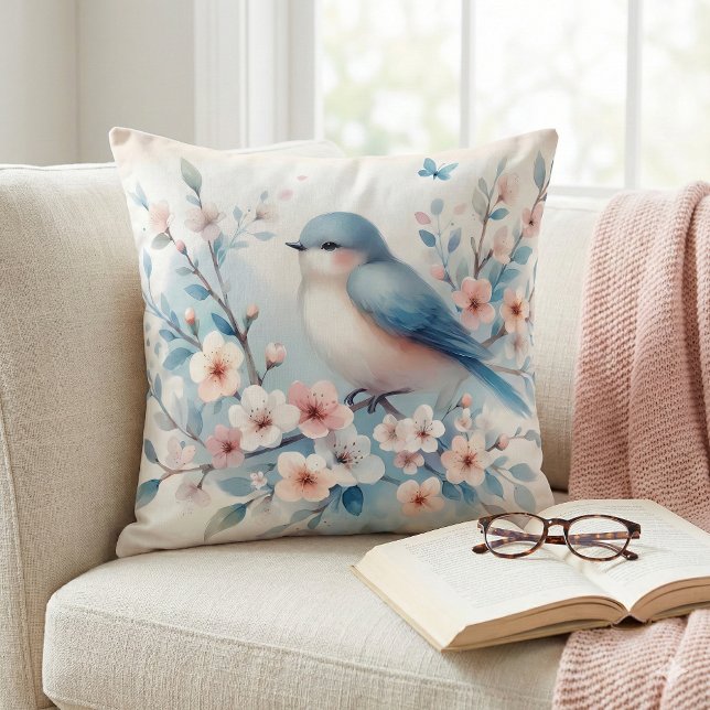 Almofada Bluebird Blossom Aquarela Serenidade (Bluebird Blossom Watercolor Serenity Throw Pillow Mockup A)