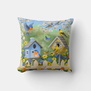 Almofada Bluebird Goldfinches Birdhouses Fllower Garden