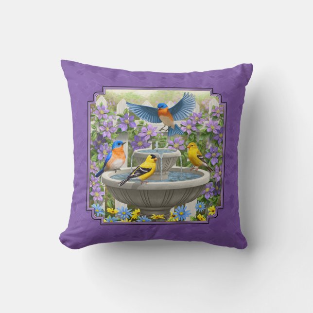 Almofada Bluebird Goldfinches Flor Garden Bath Purple (Frente)