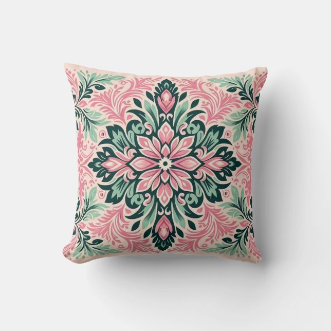 Almofada Blush & Bloom: Cushion de Damasco Rosa e Mint (Frente)