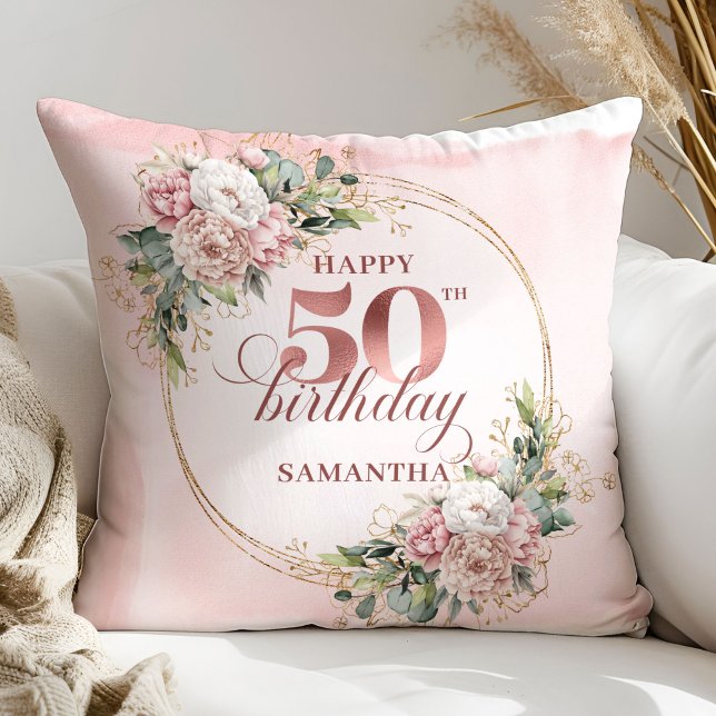 Almofada Blush de Rosa Dourada Flora Verde 50º Aniversário (Rose Gold Blush Floral Greenery 50th Birthday Pillow Gift)