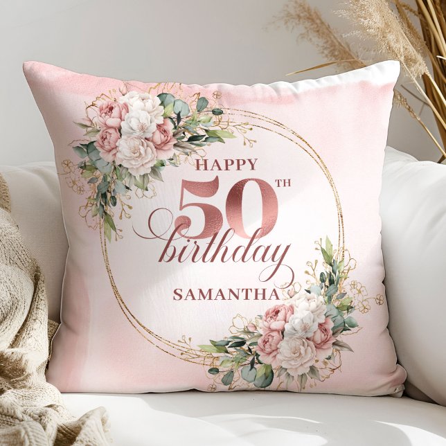 Almofada Blush Floral Rose Gold 50th Birthday Pillow Gift (Blush Floral Rose Gold 50th Birthday Pillow Gift)
