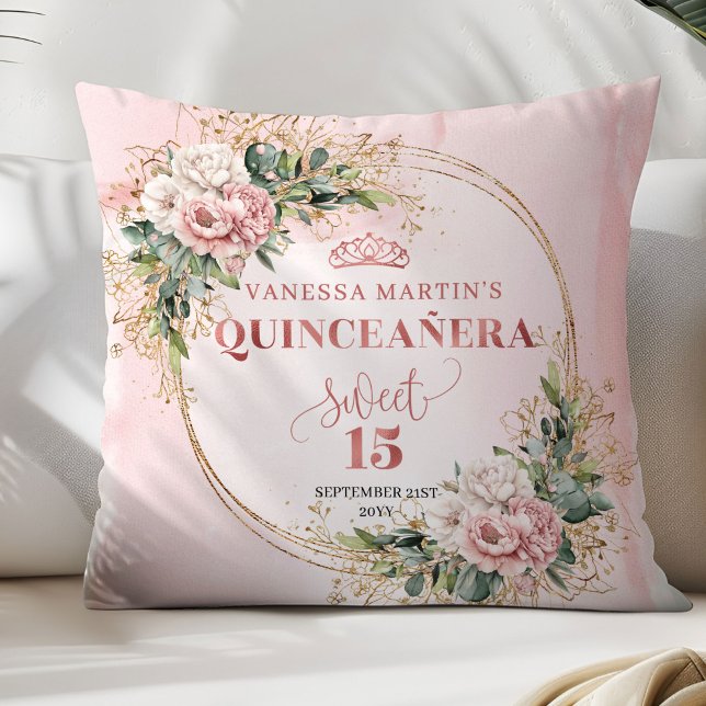 Almofada Blush Pink Flowers Eucalyptus Quinceañera Gift   (Blush Pink Flowers Eucalyptus Quinceañera Gift Pillow)