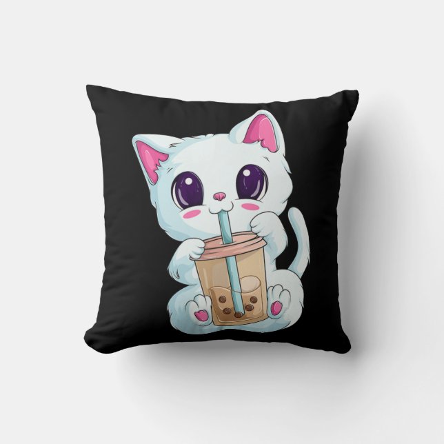 Almofada Boba Tea Cat Anime Para Mulheres Kawaii Bubble Tea (Frente)