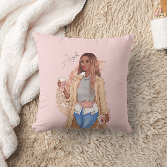 Almofada Bohemian Faux Glitter Girl Tan Hair Brown Rosa (Cobertor)