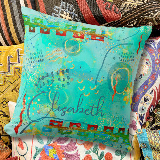 Almofada Boho Abstrato Mayan Turquoise & Ouro Misty