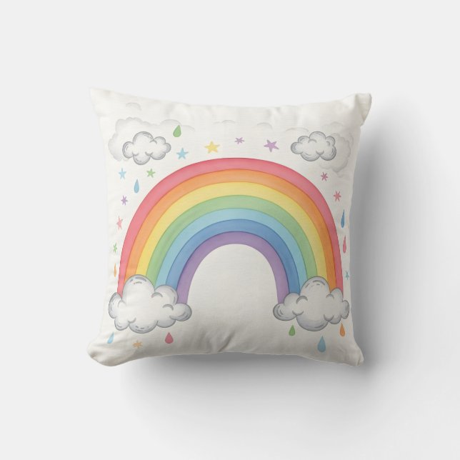 Almofada Boho Arco-íris e Nuvens Aquarela Sala de Brinquedo (Frente)