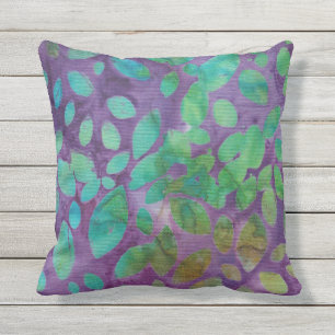 Almofada Boho Batik Green Purple Leaf Shapes Abstrato