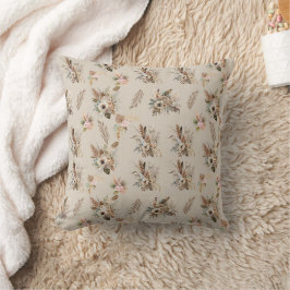 Almofada Boho Bege Verde Rosa Floral Botânico Folhas