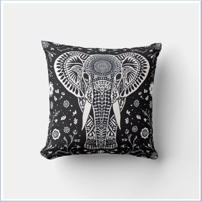 Almofada Boho Black & White Batik Elephant (Criador carregado)