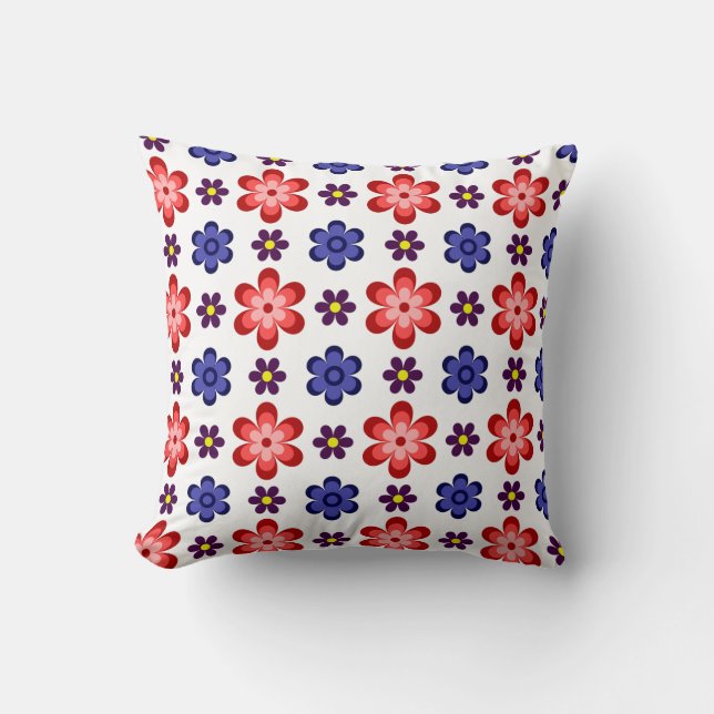 Almofada Boho Blue Purple Red Flowers Throw Pillow (Frente)