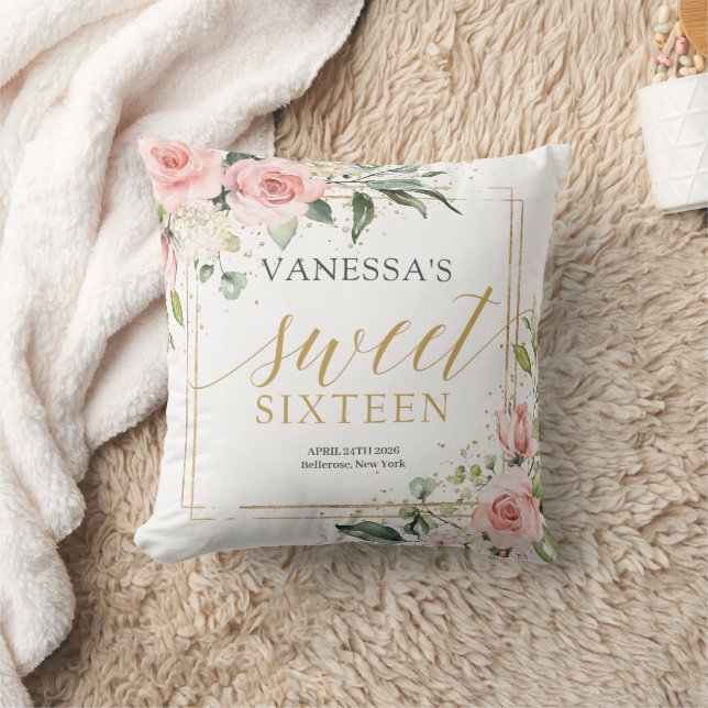 Almofada Boho Blush cor-de-rosa, ouro floral, doce dezessei (Cobertor)