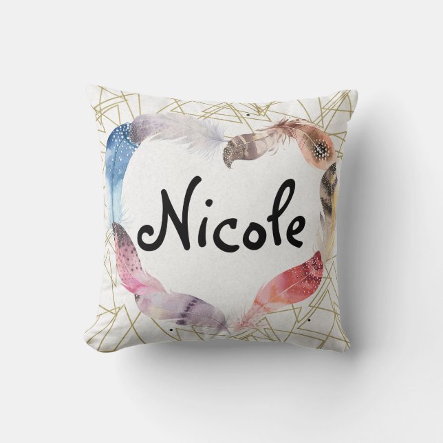 Almofada Boho Boêmio Penas Coração Dourado Geométrico Moder (Frente)