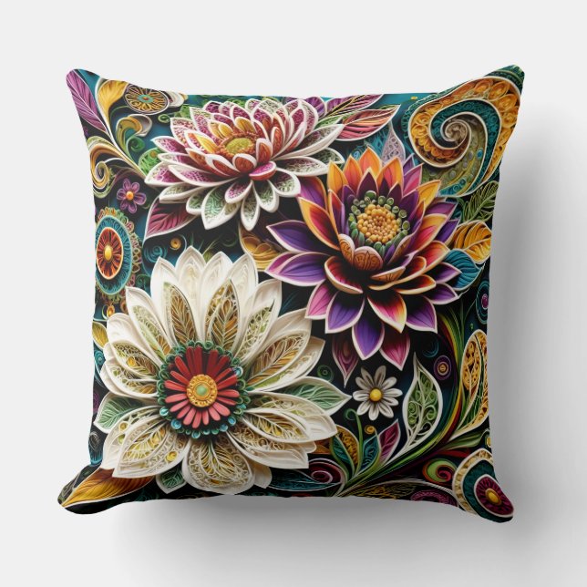 Almofada Boho Botanical Zentangle Floral Throw Pillow  (Frente)