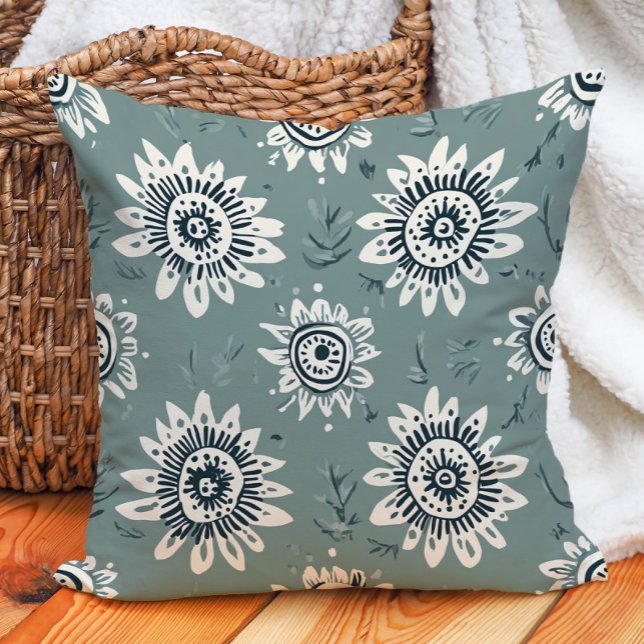 Almofada Boho Botânico Verde Sage Creme Geométrico Floral  (Boho Botanical Sage Green Cream Geometric Floral Throw Pillow)