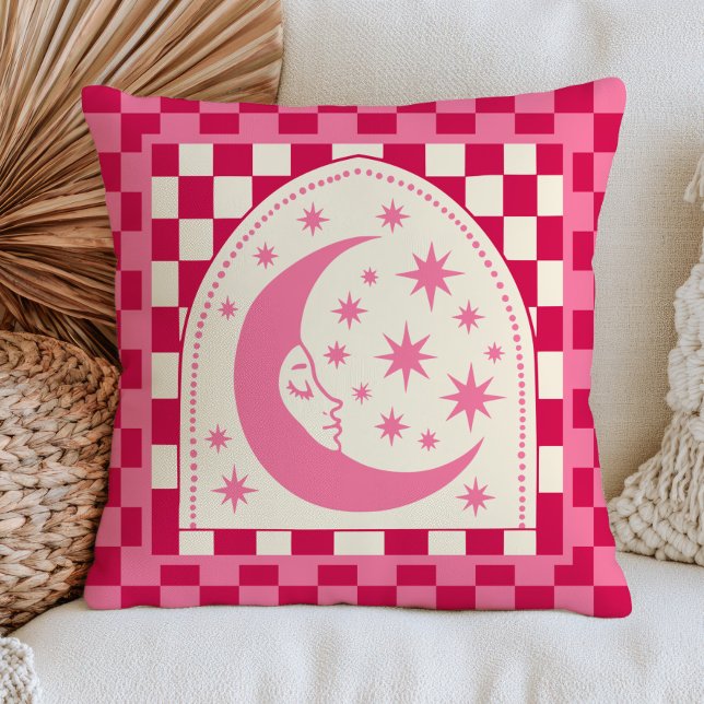 Almofada Boho Chic Lua Crescente com Estrelas Xadrez Rosa  (Criador carregado)