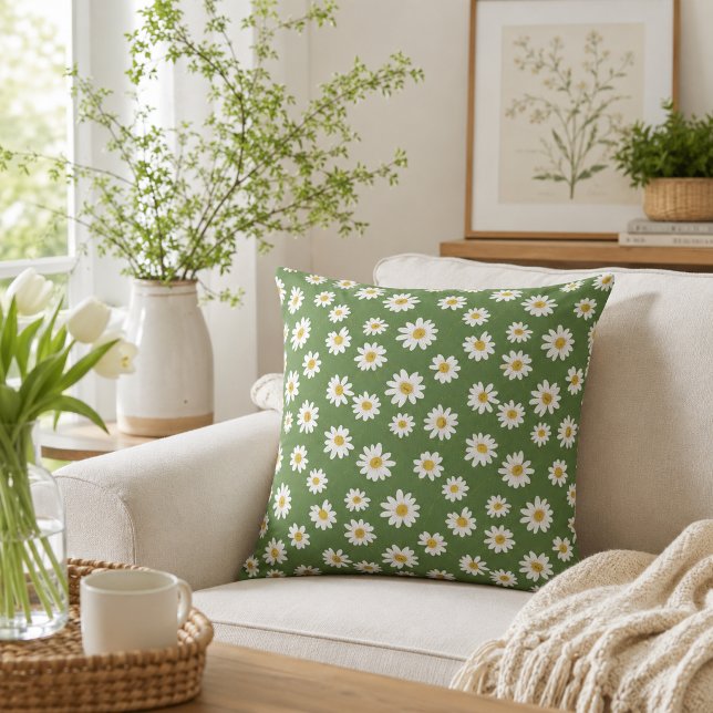 Almofada Boho Daisy Padrão Floral Verde (Criador carregado)
