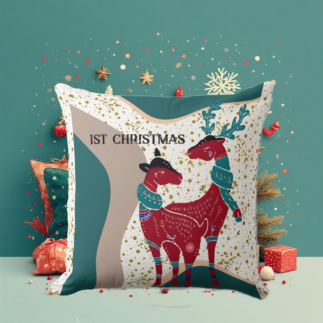 Almofada Boho de granizo nórdico do Casal de cervo de 1rua (1st Christmas Deer Couple Nordic Snow Hail Boho Throw Pillow)
