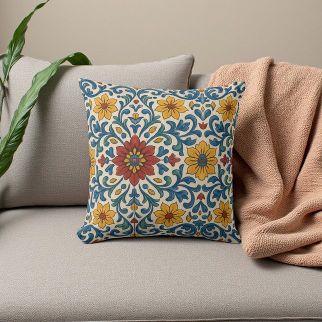 Almofada Boho de Verão Botânico Floral Branco e Azul da Tos (Tuscan Blue and White Floral Botanical Summer Boho Throw Pillow)