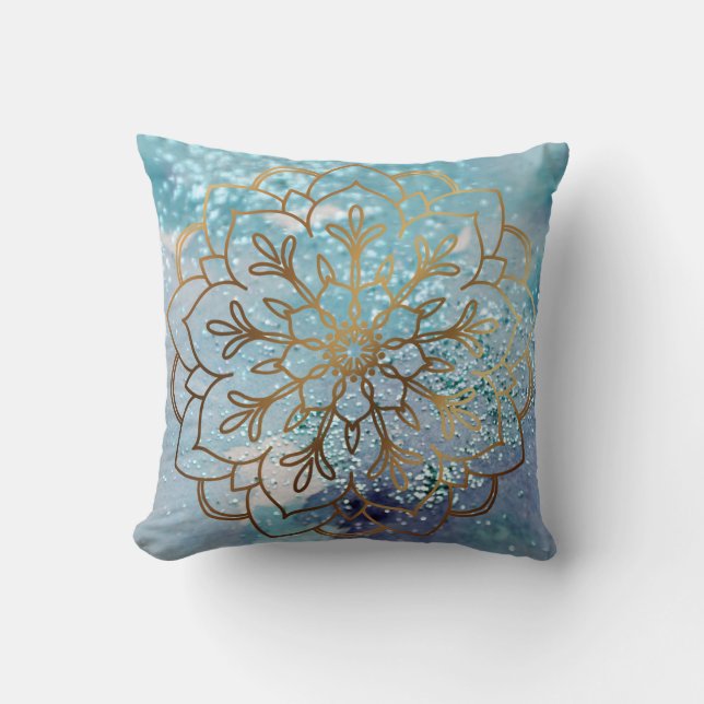 Almofada Boho Dourado Mandala - Padrão Teal Watercolor Glit (Frente)