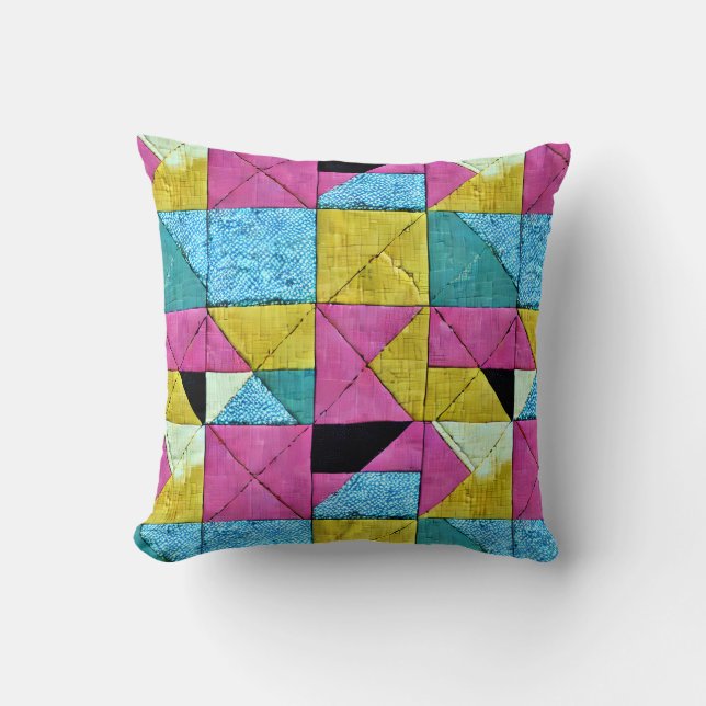 Almofada Boho Faux Patchwork Quilt Pink Yellow Blue (Frente)