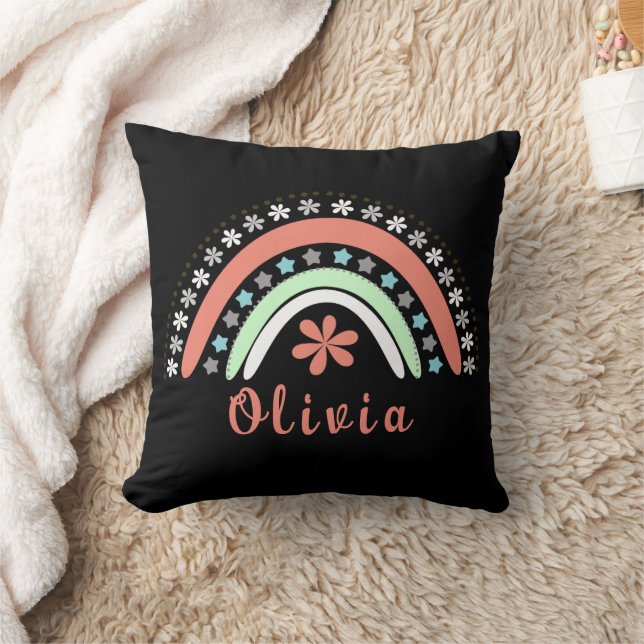Almofada Boho Floral Arco-Íris Com Nome Personalizado (Cobertor)