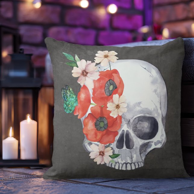 Almofada Boho Floral Skull (Floral Skull Throw Pillow)