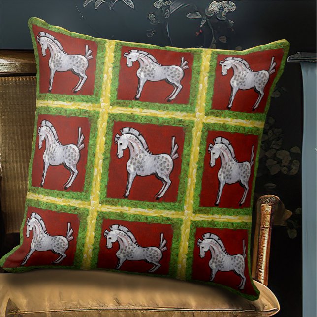 Almofada Boho Folk Art Red Xadrez Horse Holiday (Criador carregado)