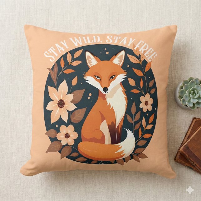 Almofada Boho Fox "Fique Selvagem, Fique Livre" Design Wood (Boho Fox Stay Wild, Stay Free Woodland Design Throw Pillow Mockup A)
