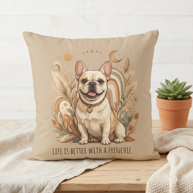 Almofada Boho French Bulldog Sol e Lua (A boho Frenchie accent for a dog lover's home decor, perfect for a cozy birthday gift.)