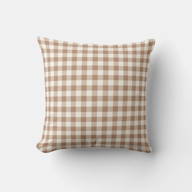 Almofada Boho Gingham Pattern Plaid Checkered Tan Brown (Frente)