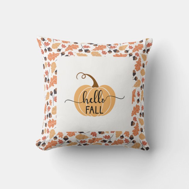 Almofada Boho Hello Fall Pumpkin com Folhas de outono (Frente)