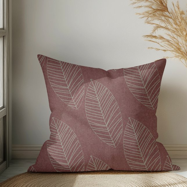 Almofada Boho Moderno Deixa No Tecido Vermelho Profundo (Criador carregado)