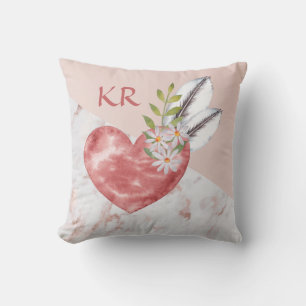 Almofada Boho Pink Heart Feather Marble Pattern Iniciais