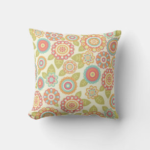 Almofada Boho Retro Funky Flowers Floral Patterno (Creme)