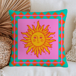 Almofada BOHO Retro Rosto do Sol Dopamina Estética Colorida