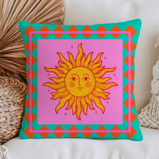 Almofada BOHO Retro Rosto do Sol Dopamina Estética Colorida (Criador carregado)