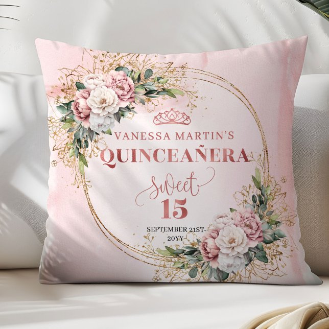 Almofada Boho Rose Gold Floral Greenery Mis Quince Birthday (Rose Gold Floral Greenery Mis Quince Birthday Pillow)