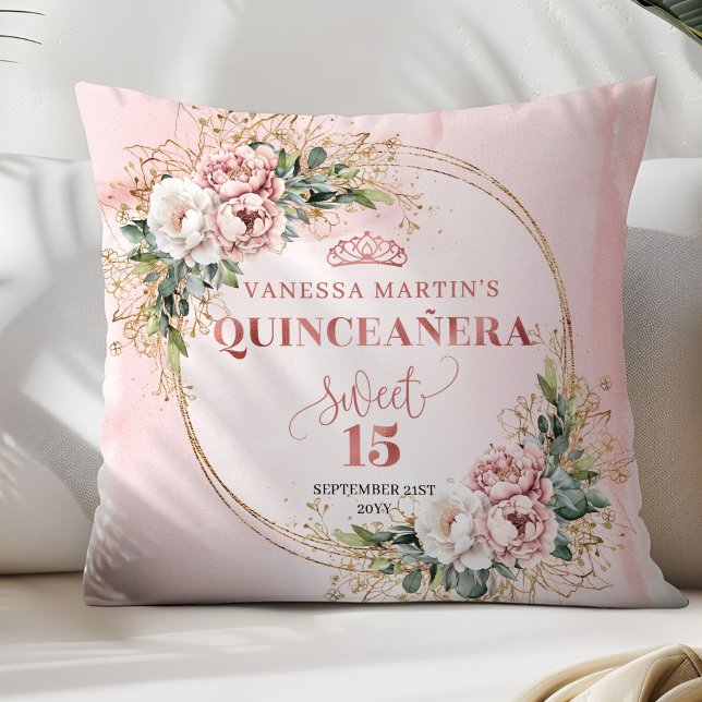 Almofada Boho Rose Gold Flowers Greenery Perfect Gift 15th (Rose Gold Flowers Greenery Perfect Gift 15th Pillow)