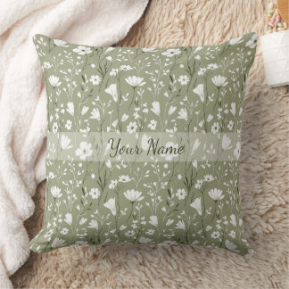 Almofada Boho Sage Green Floral Wildflowers Personalized