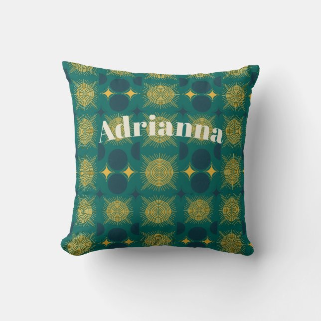 Almofada Boho Sol Lua Estrelas Bebê Azul Turquesa Amarelo P (Frente)