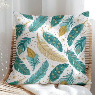 Almofada Boho Teal e Douradas Penas