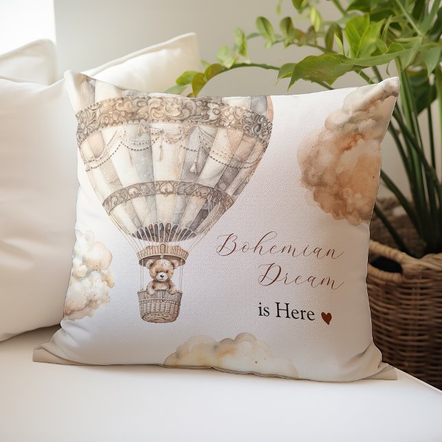 Almofada Boho Teddy Bear Air Balloon Clouds Sky Chá de fral (Boho Teddy Bear Air Balloon Clouds Sky Baby Shower Throw Pillow)