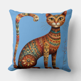 Almofada Boho Tribal Gato Arte Popular Fofa com Flores
