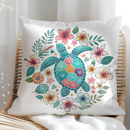 Almofada Boho Turquesa Floral Tartaruga Marinha - Costeiro