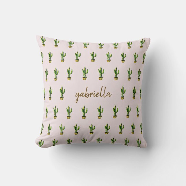 Almofada Boho Watercolor Cactus com Nome Blush (Frente)